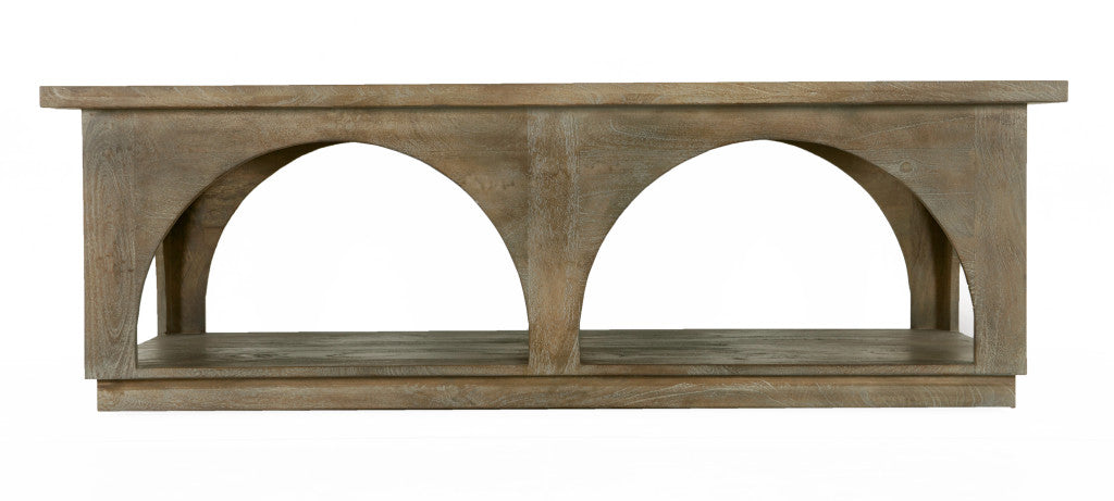 59" Brown Solid Wood Distressed Floor Shelf Coffee Table With Shelf - Loft&Timber