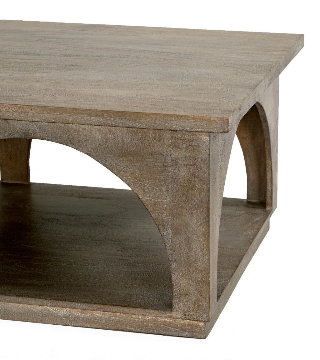 59" Brown Solid Wood Distressed Floor Shelf Coffee Table With Shelf - Loft&Timber