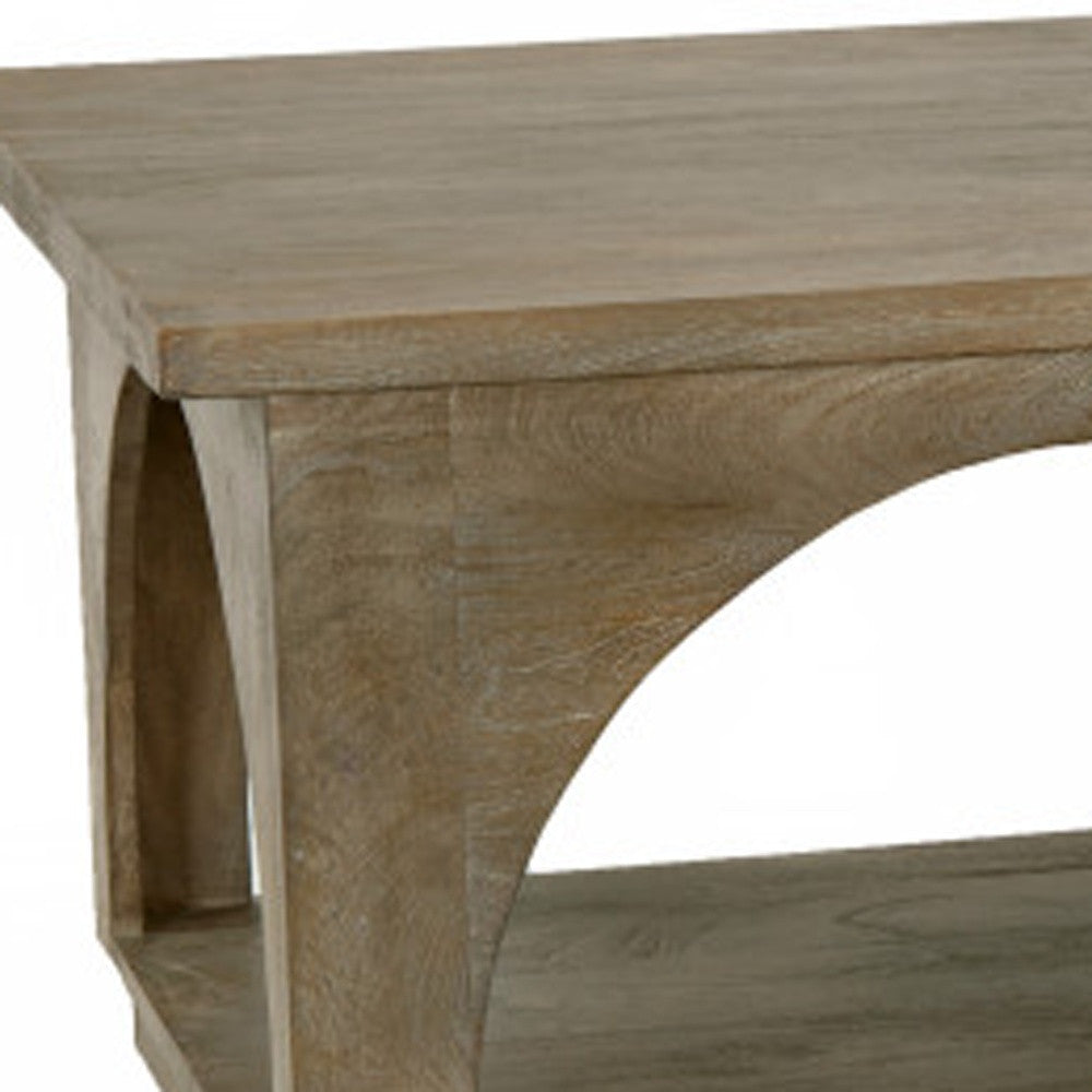 59" Brown Solid Wood Distressed Floor Shelf Coffee Table With Shelf - Loft&Timber