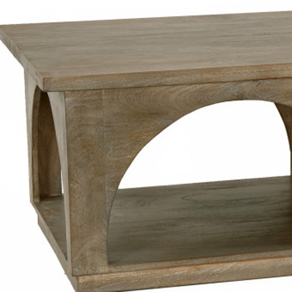59" Brown Solid Wood Distressed Floor Shelf Coffee Table With Shelf - Loft&Timber