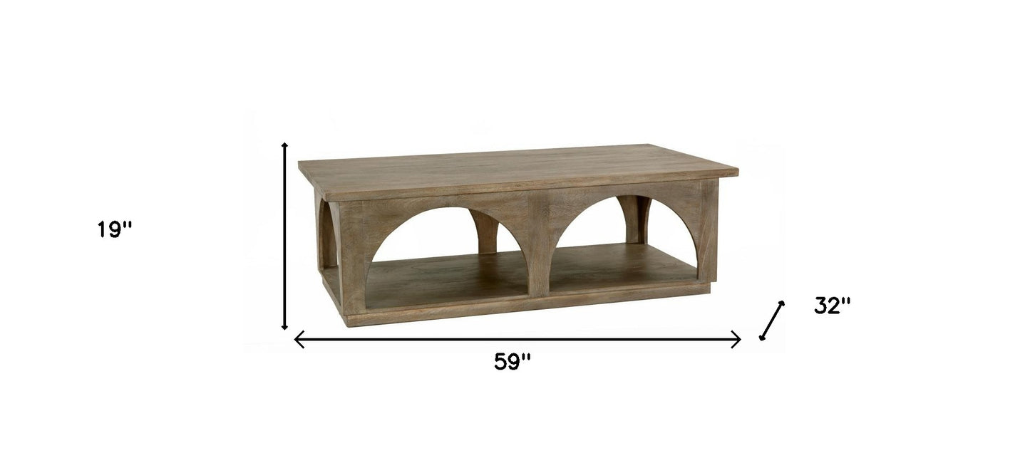 59" Brown Solid Wood Distressed Floor Shelf Coffee Table With Shelf - Loft&Timber