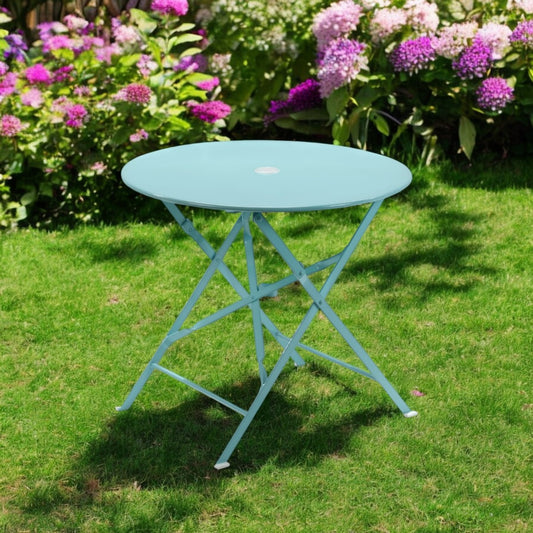 30" Aqua Rounded Aluminum Folding Outdoor Bistro Table with Umbrella Hole-0