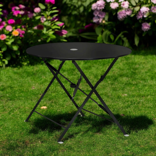 36" Black Rounded Aluminum Folding Outdoor Dining Table with Umbrella Hole-0