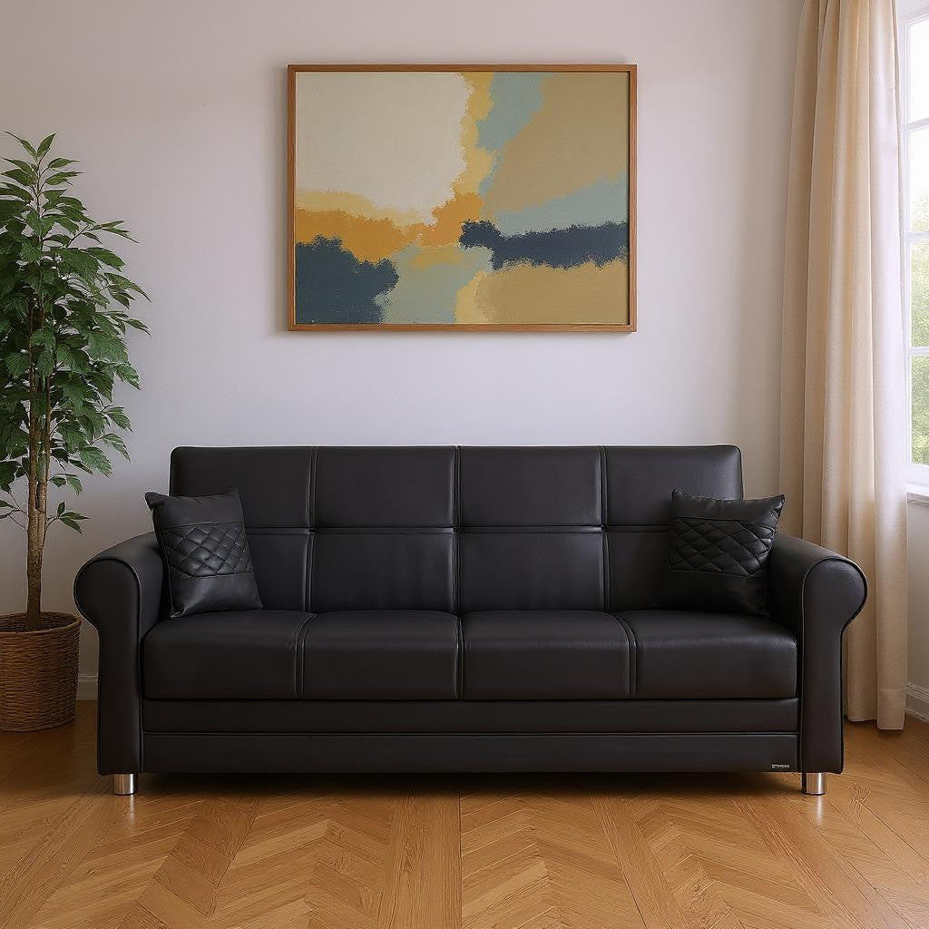 89" Black Faux Leather Convertible Futon Sleeper Sofa And Toss Pillows With Storage - Loft&Timber