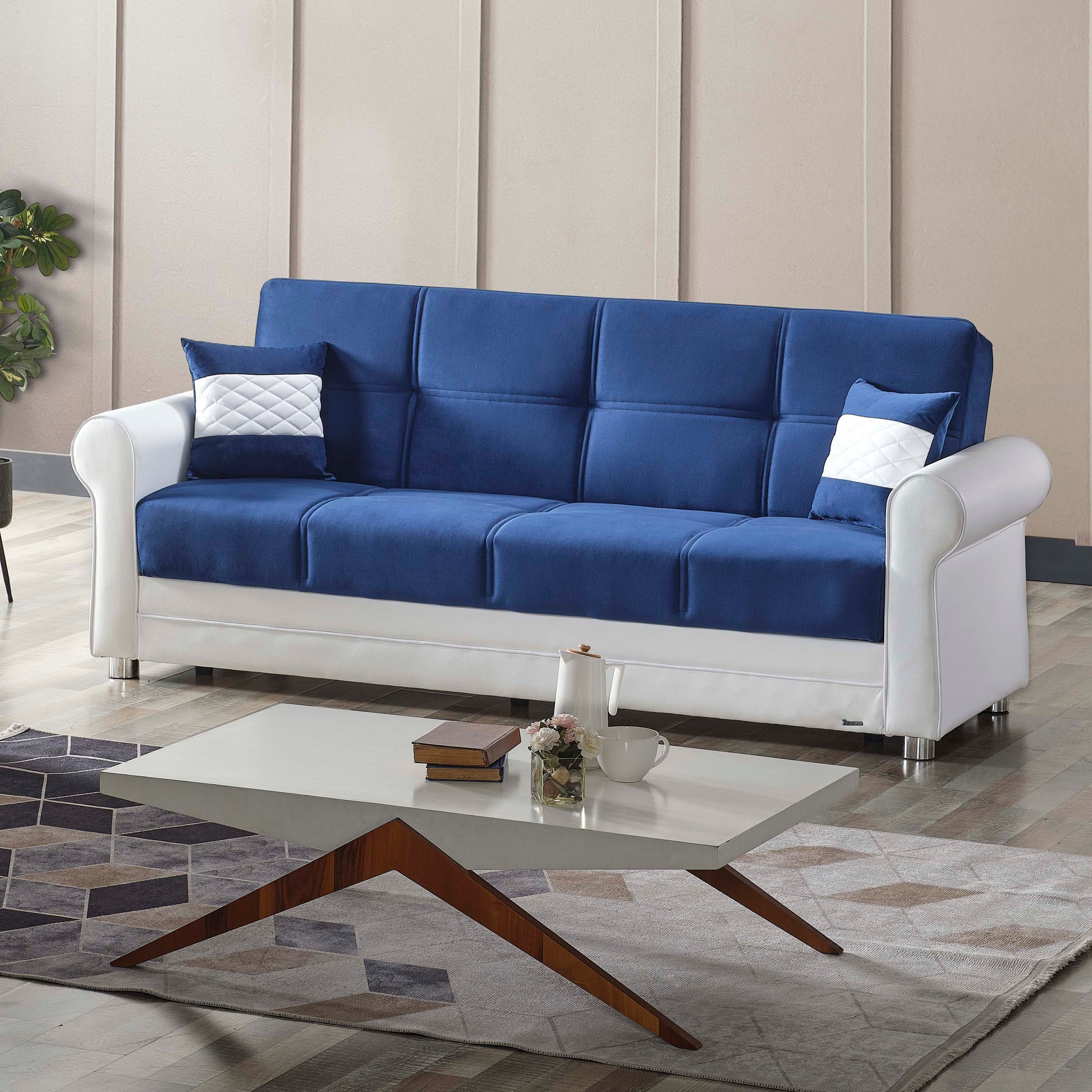 89" Sky Blue Polyester Convertible Futon Sleeper Sofa And Toss Pillows With Storage - Loft&Timber
