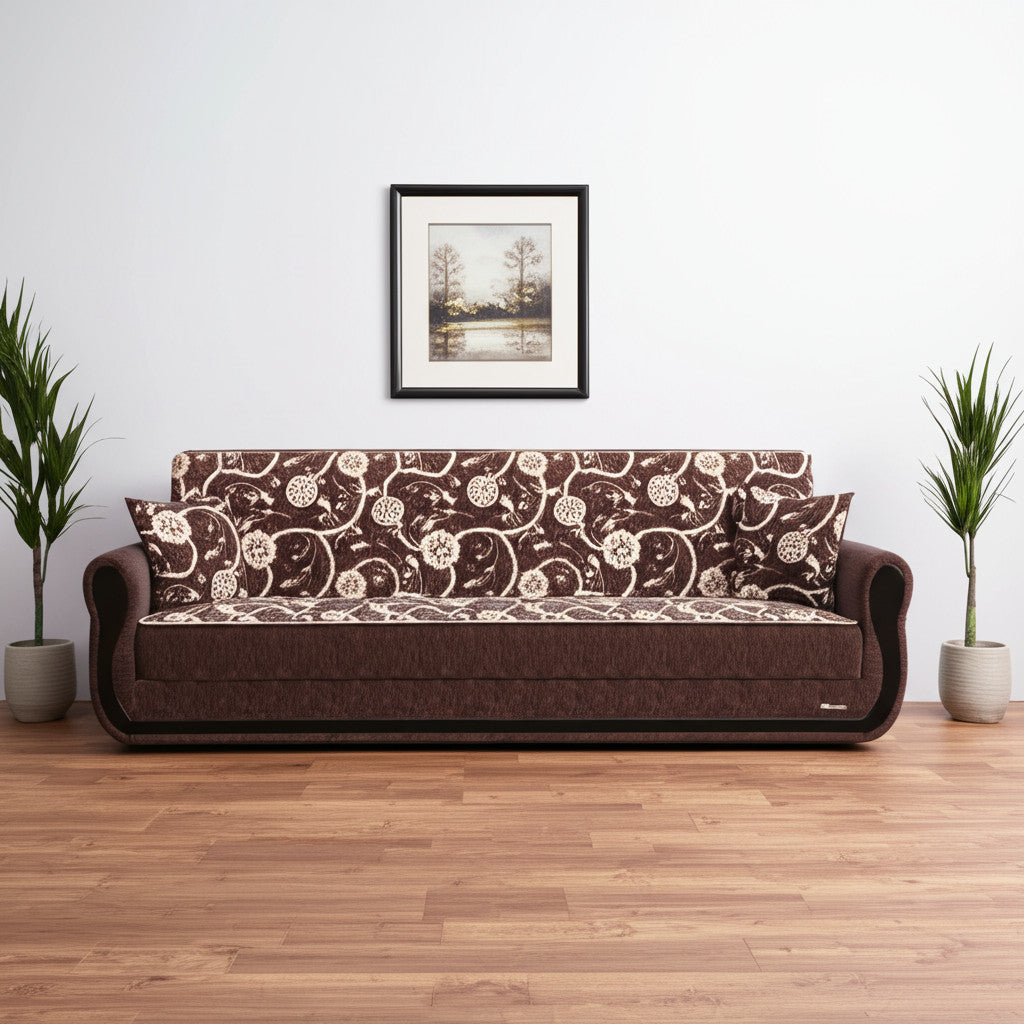 90" Brown Chenille Convertible Futon Sleeper Sofa And Toss Pillows With Storage - Loft&Timber