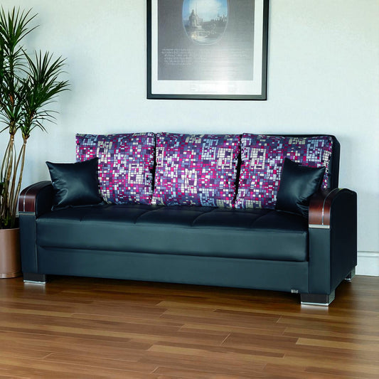 87" Black Faux Leather Convertible Futon Sleeper Sofa And Toss Pillows With Storage - Loft&Timber