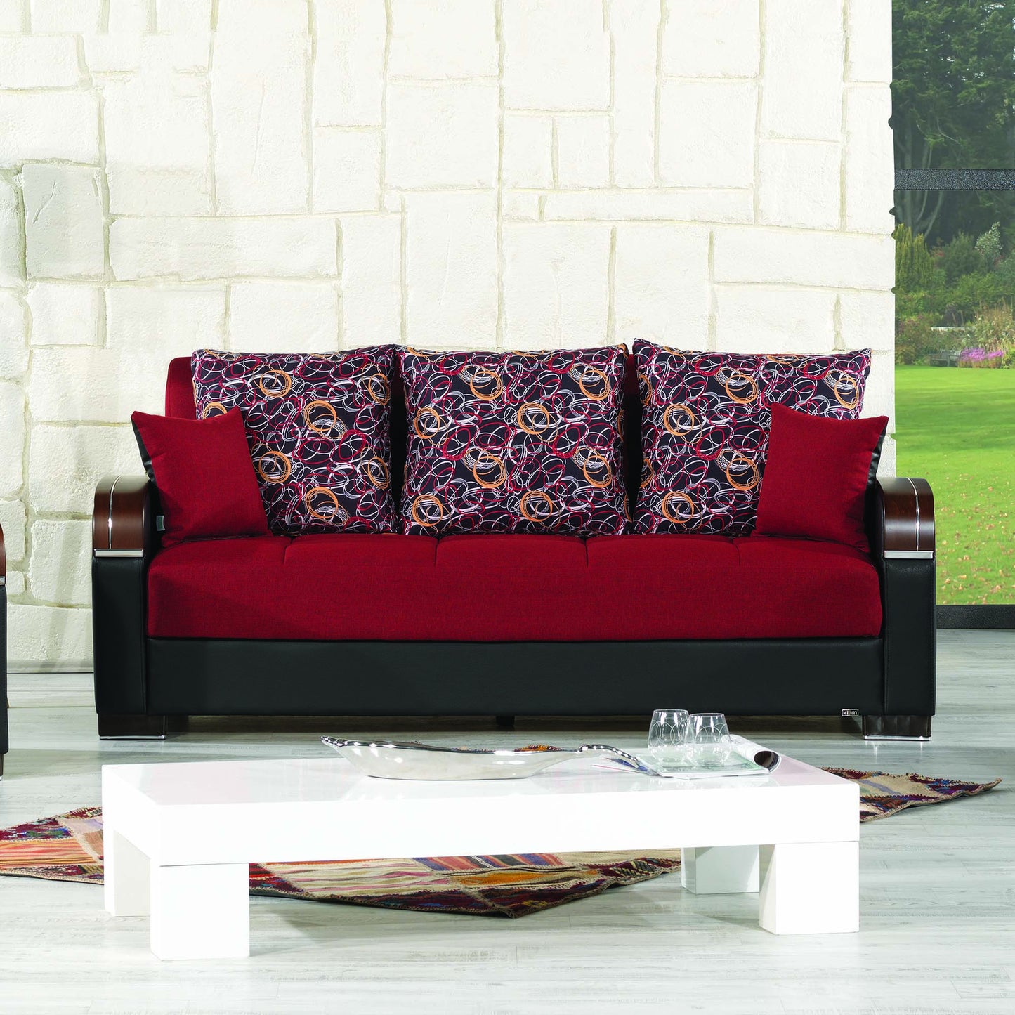 87" Red Polyester Convertible Futon Sleeper Sofa And Toss Pillows With Storage-6