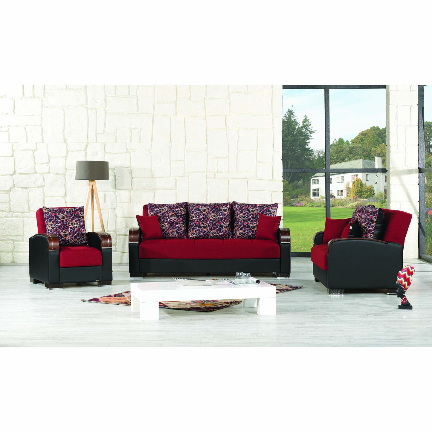 87" Red Polyester Convertible Futon Sleeper Sofa And Toss Pillows With Storage-7