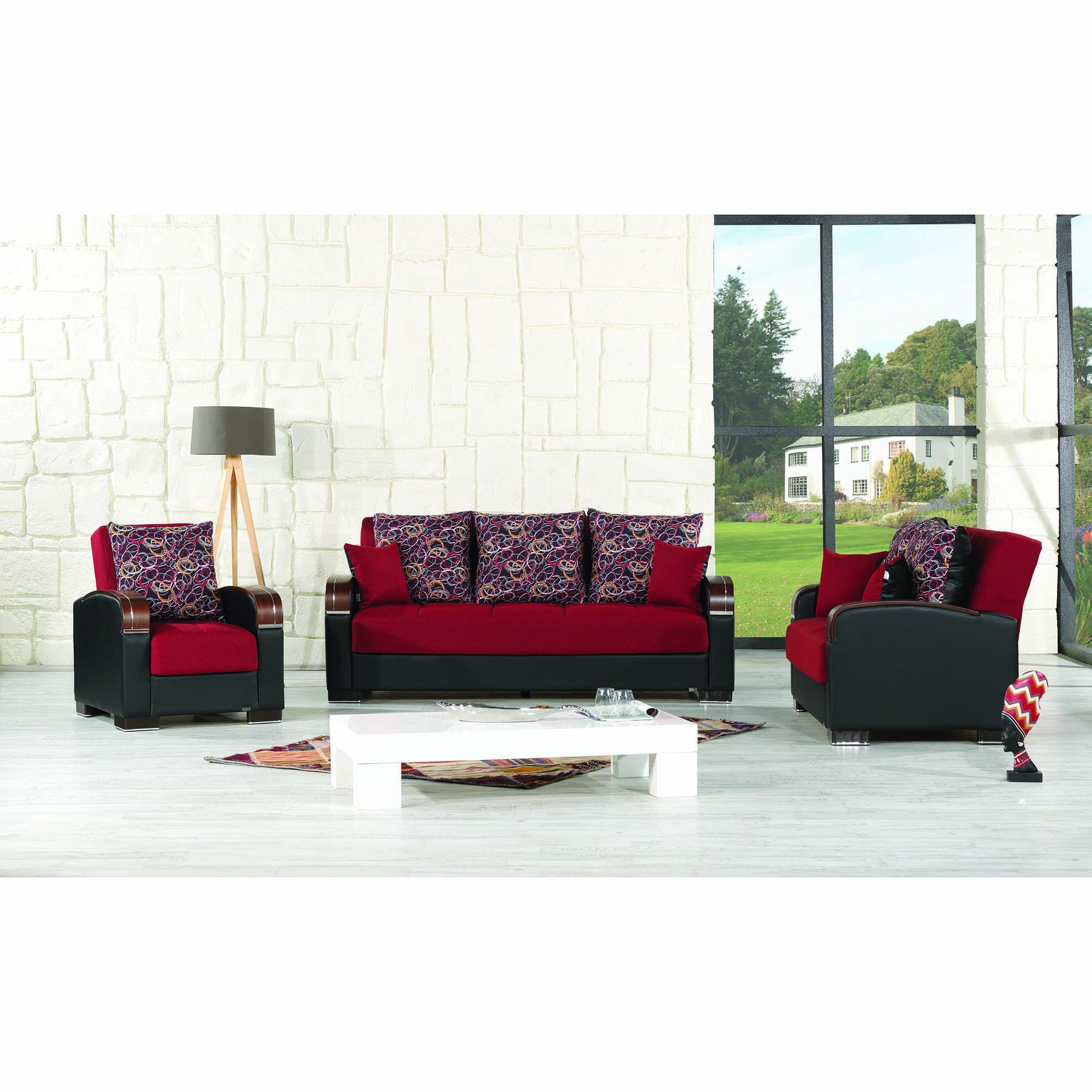 87" Red Polyester Convertible Futon Sleeper Sofa And Toss Pillows With Storage-7
