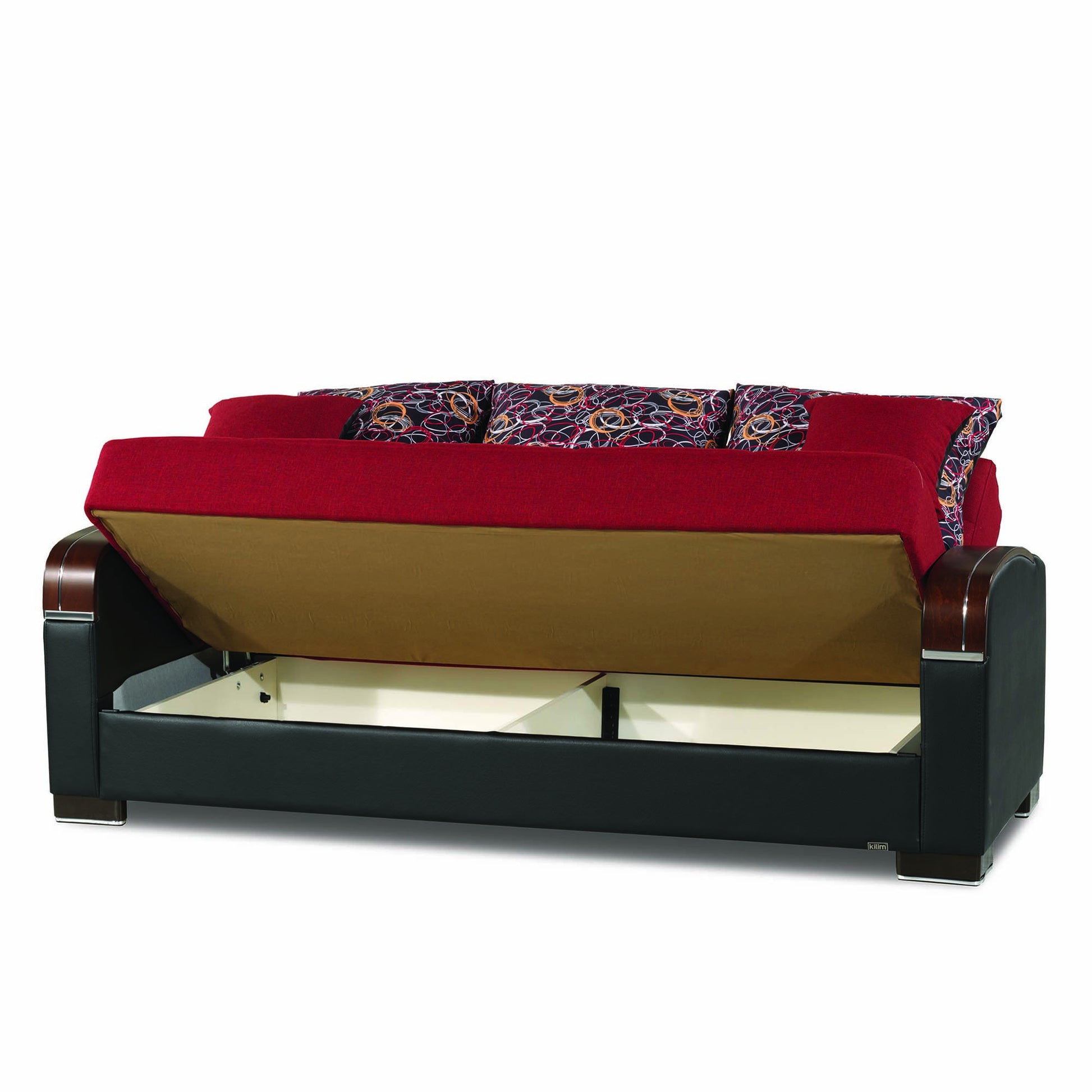 87" Red Polyester Convertible Futon Sleeper Sofa And Toss Pillows With Storage-2
