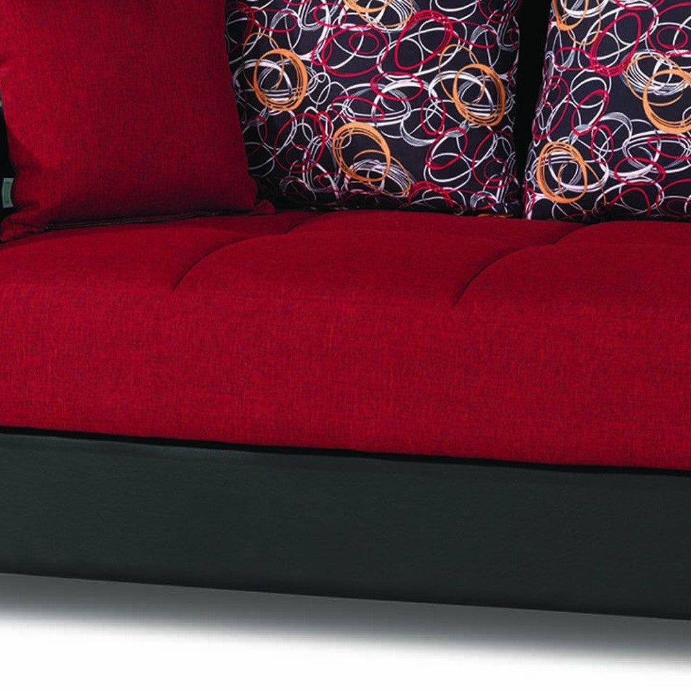 87" Red Polyester Convertible Futon Sleeper Sofa And Toss Pillows With Storage-4