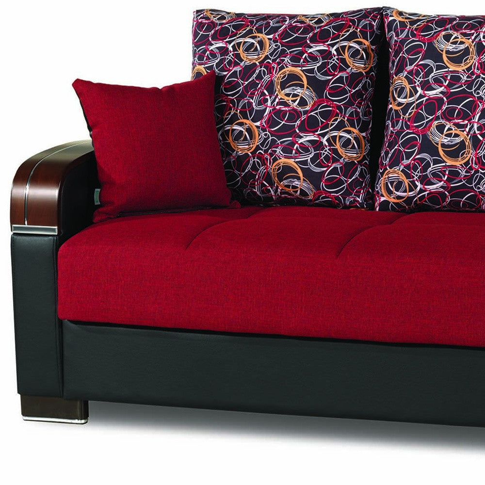 87" Red Polyester Convertible Futon Sleeper Sofa And Toss Pillows With Storage-5