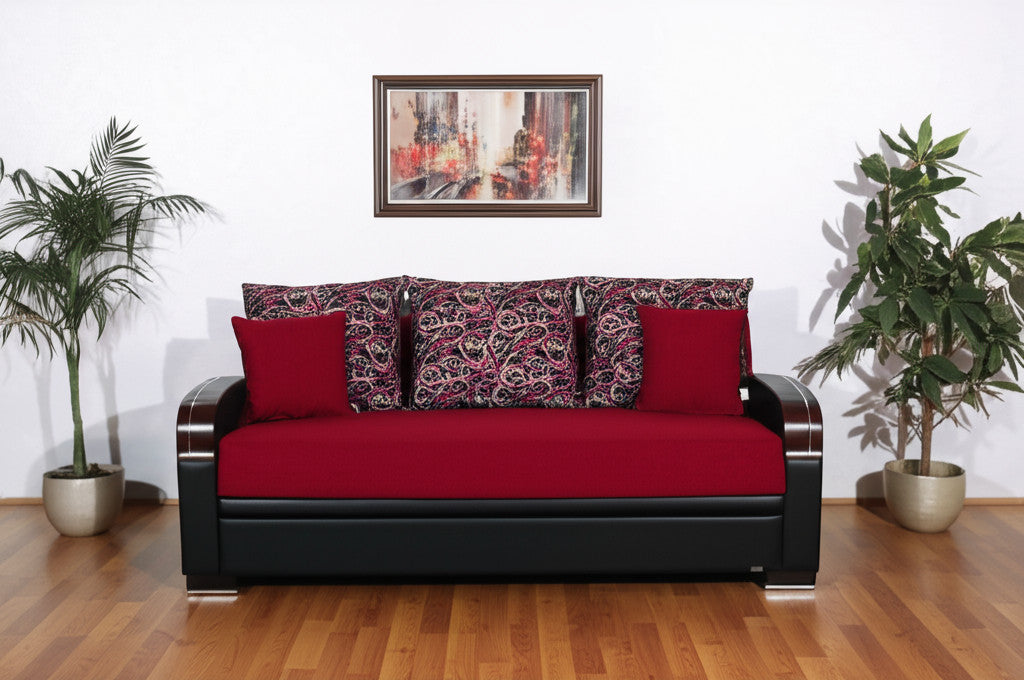 87" Red Polyester Convertible Futon Sleeper Sofa And Toss Pillows With Storage-1