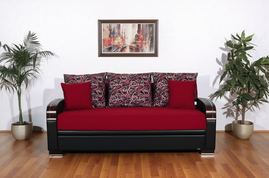 87" Red Polyester Convertible Futon Sleeper Sofa And Toss Pillows With Storage-1