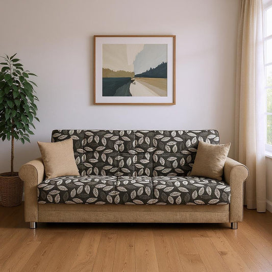 89" Beige Chenille Convertible Futon Sleeper Sofa And Toss Pillows With Storage - Loft&Timber