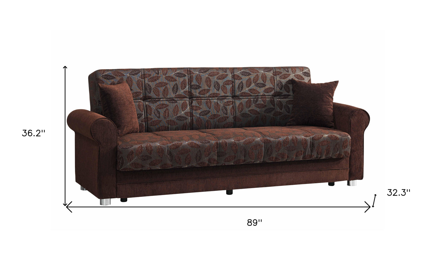 89" Dark Brown Chenille Convertible Futon Sleeper Sofa And Toss Pillows With Storage - Loft&Timber