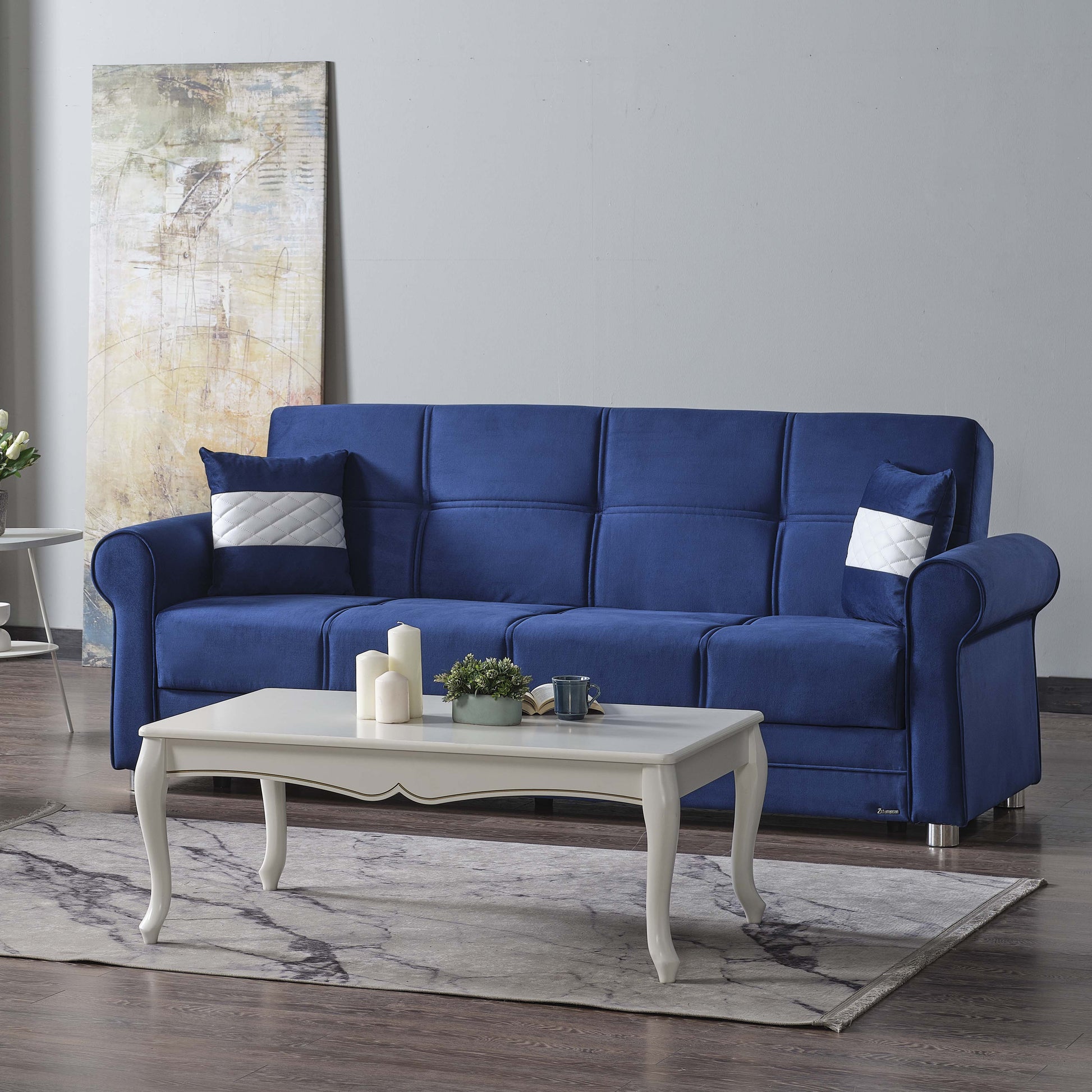 89" Blue Microfiber Convertible Futon Sleeper Sofa And Toss Pillows With Storage - Loft&Timber