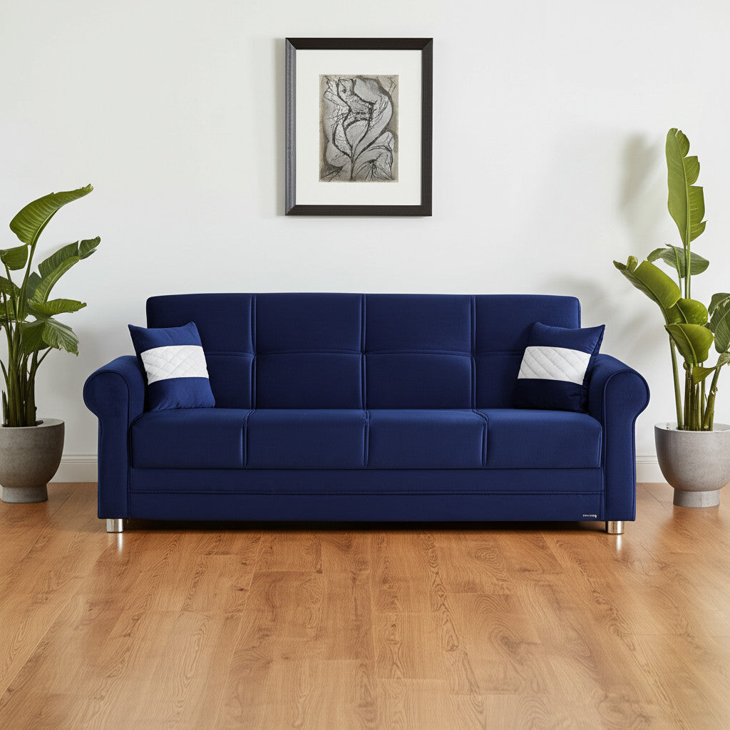 89" Blue Microfiber Convertible Futon Sleeper Sofa And Toss Pillows With Storage - Loft&Timber