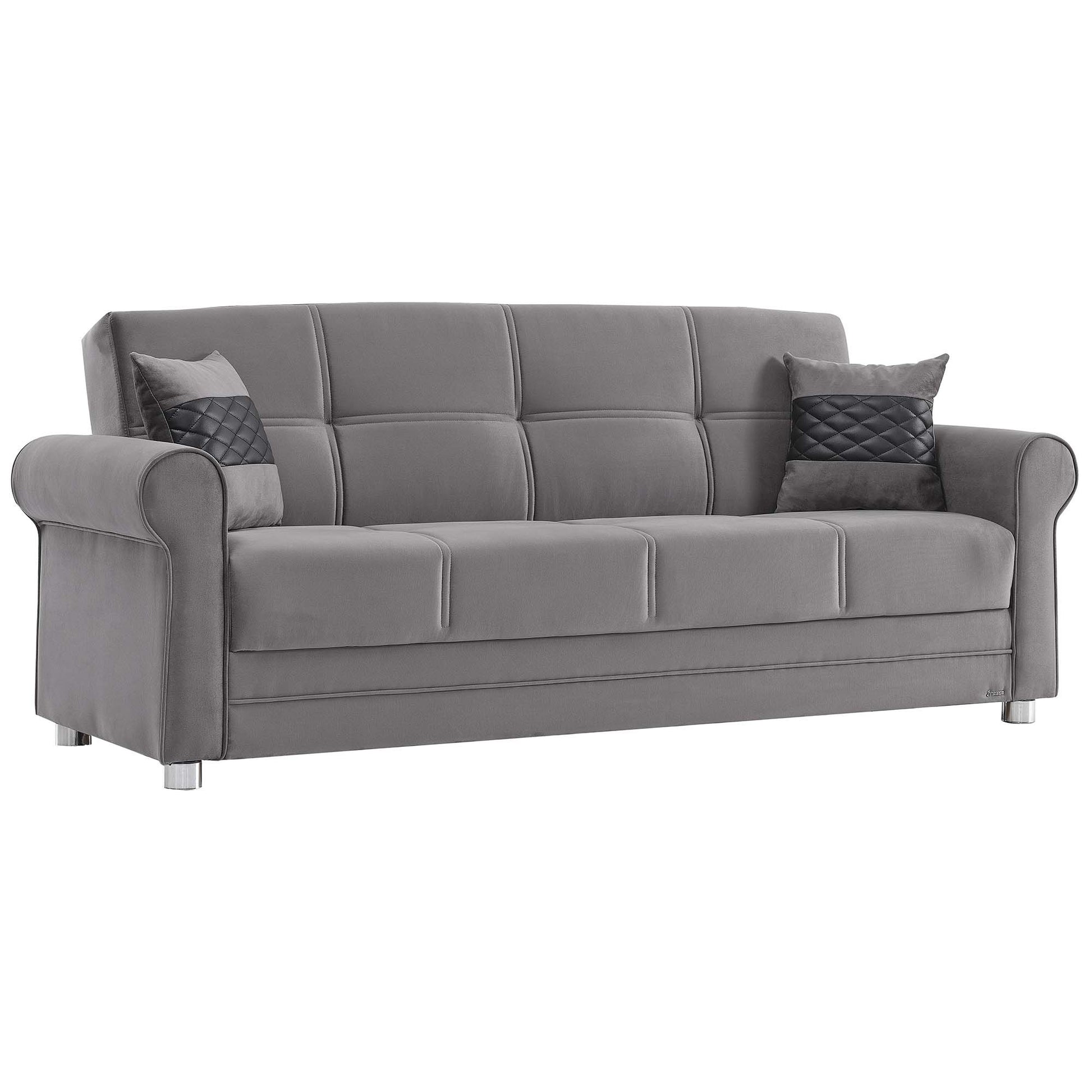 89" Gray Microfiber Convertible Futon Sleeper Sofa And Toss Pillows With Storage - Loft&Timber