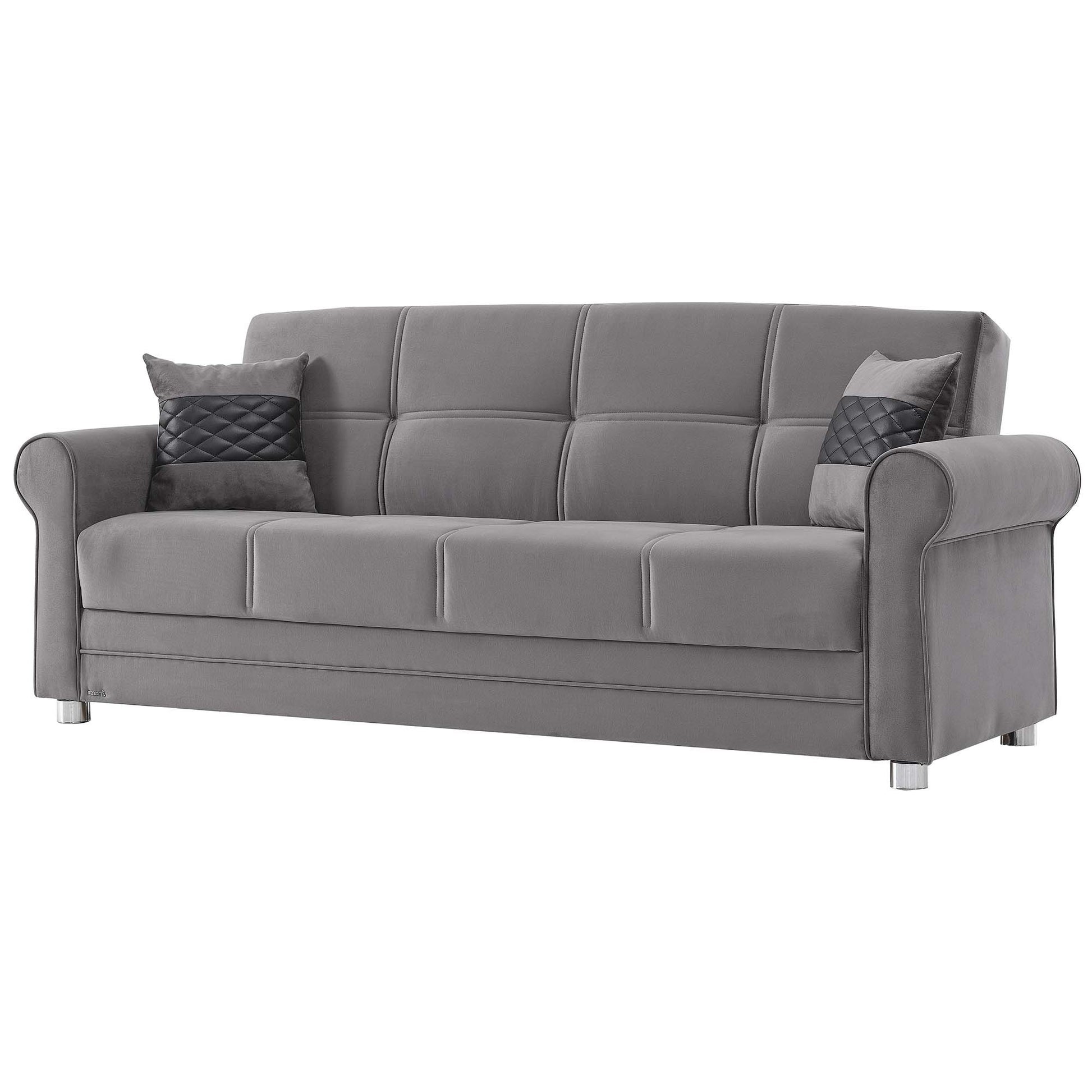 89" Gray Microfiber Convertible Futon Sleeper Sofa And Toss Pillows With Storage - Loft&Timber