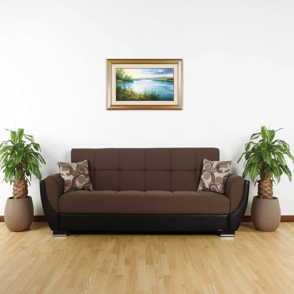 93" Brown Chenille And Faux Leather Convertible Futon Sleeper Sofa And Toss Pillows With Storage-0