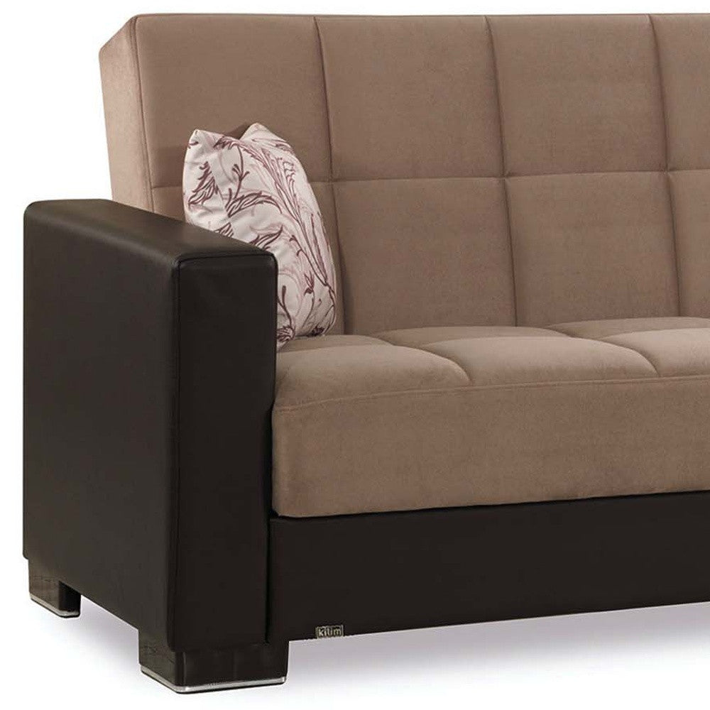 87" Sand And Brown Chenille And Faux Leather Convertible Futon Sleeper Sofa And Toss Pillows With Storage - Loft&Timber