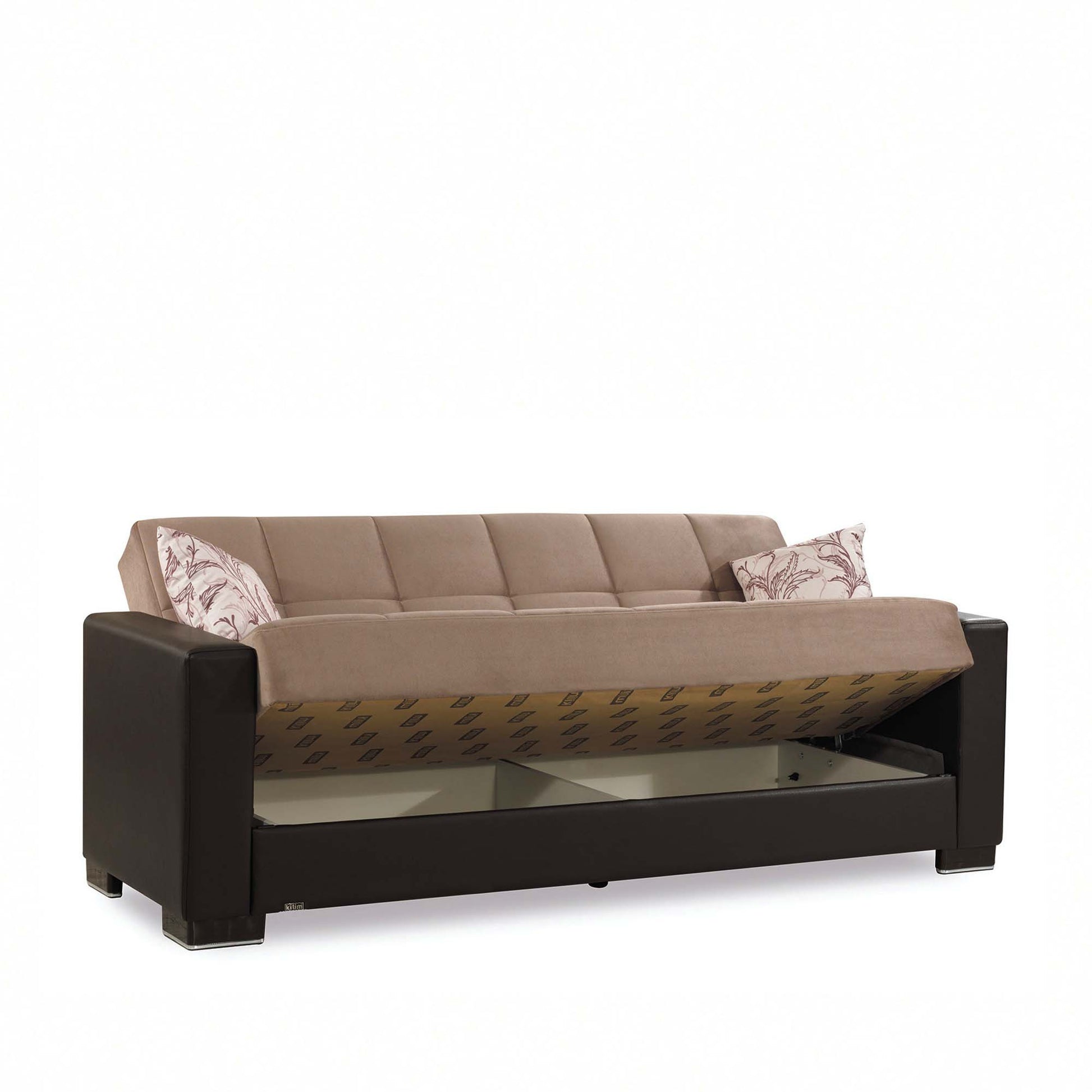 87" Sand And Brown Chenille And Faux Leather Convertible Futon Sleeper Sofa And Toss Pillows With Storage - Loft&Timber