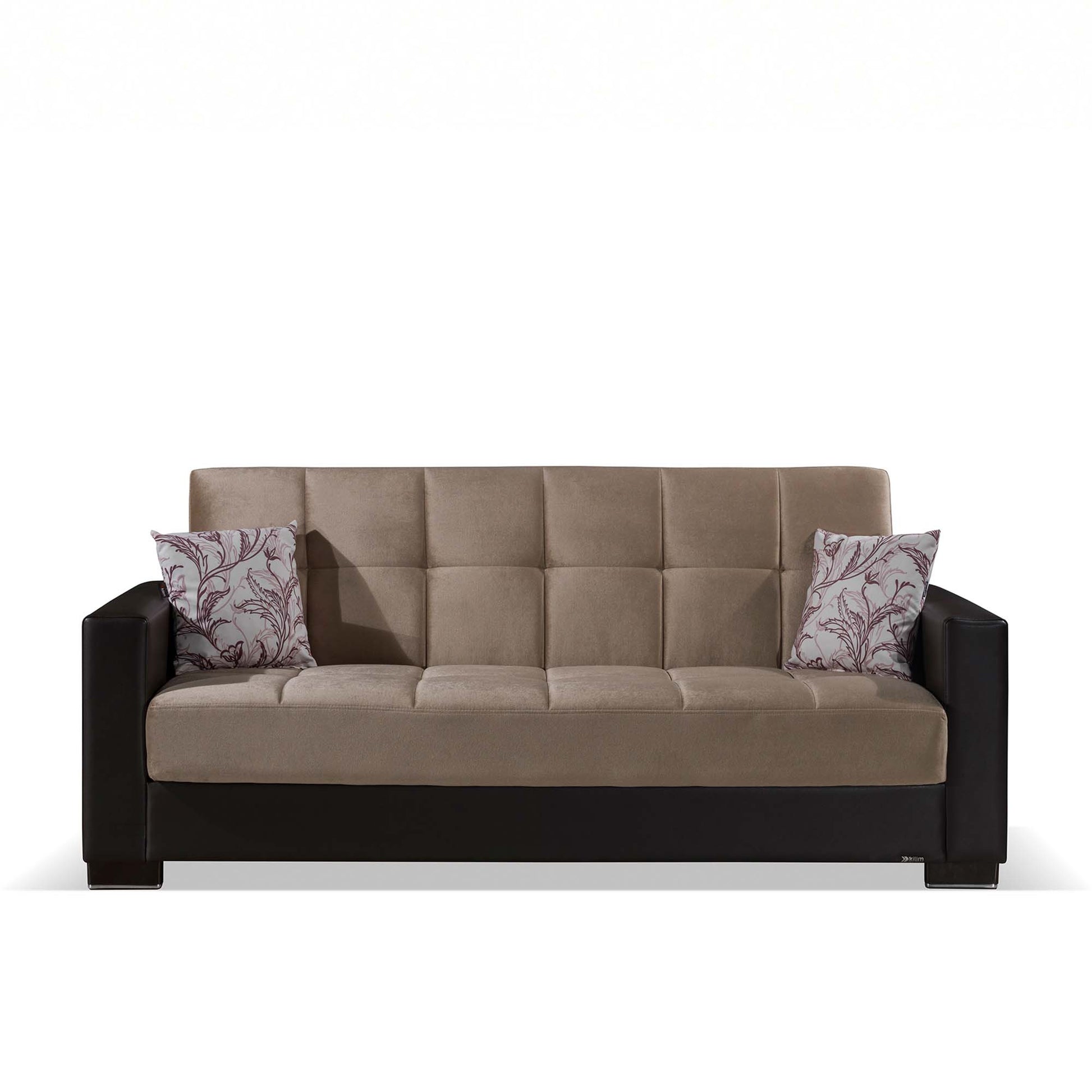 87" Sand And Brown Chenille And Faux Leather Convertible Futon Sleeper Sofa And Toss Pillows With Storage - Loft&Timber