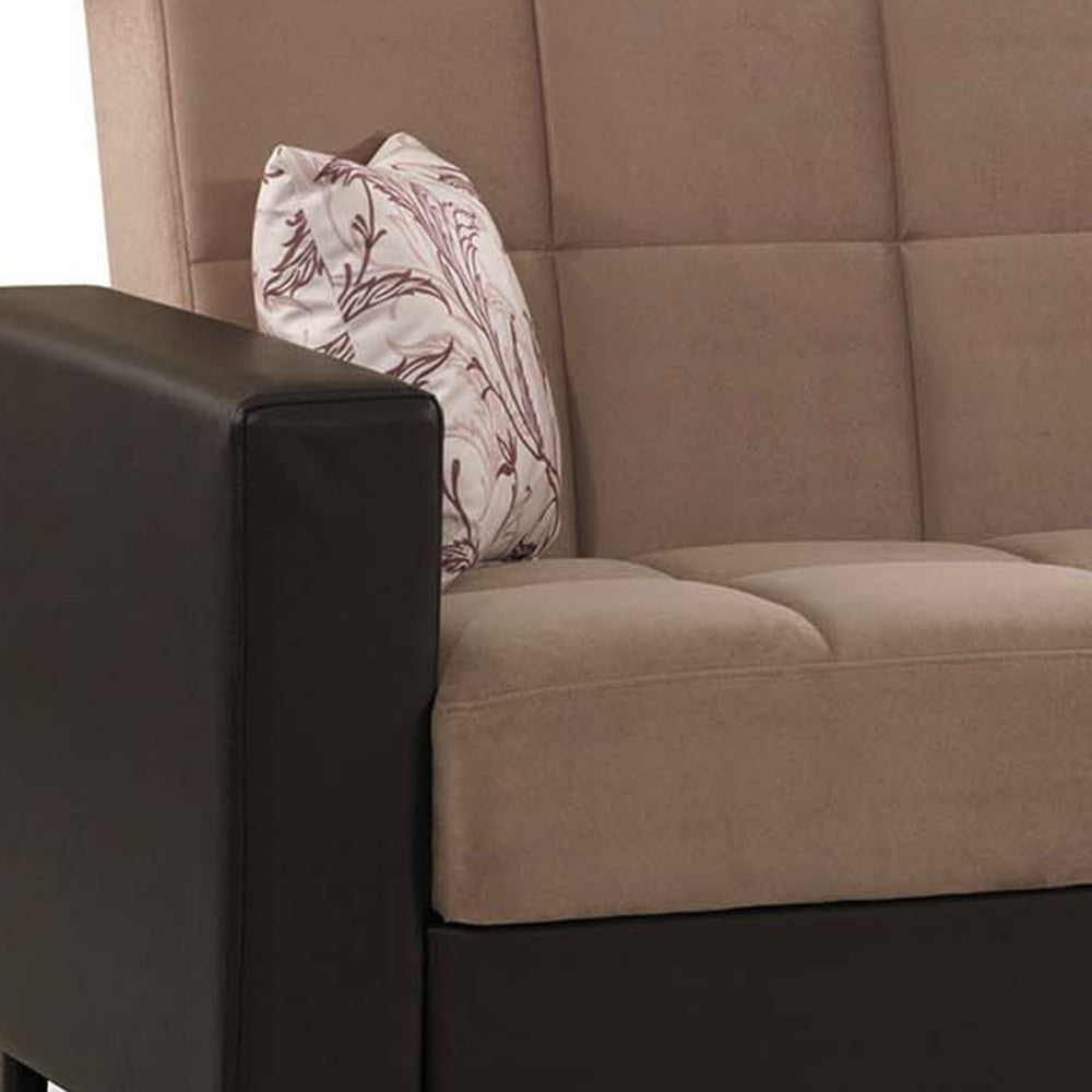 87" Sand And Brown Chenille And Faux Leather Convertible Futon Sleeper Sofa And Toss Pillows With Storage - Loft&Timber