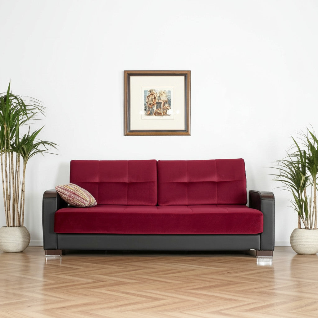 87" Burgundy Microfiber And Faux Leather Convertible Futon Sleeper Sofa And Toss Pillows With Storage - Loft&Timber