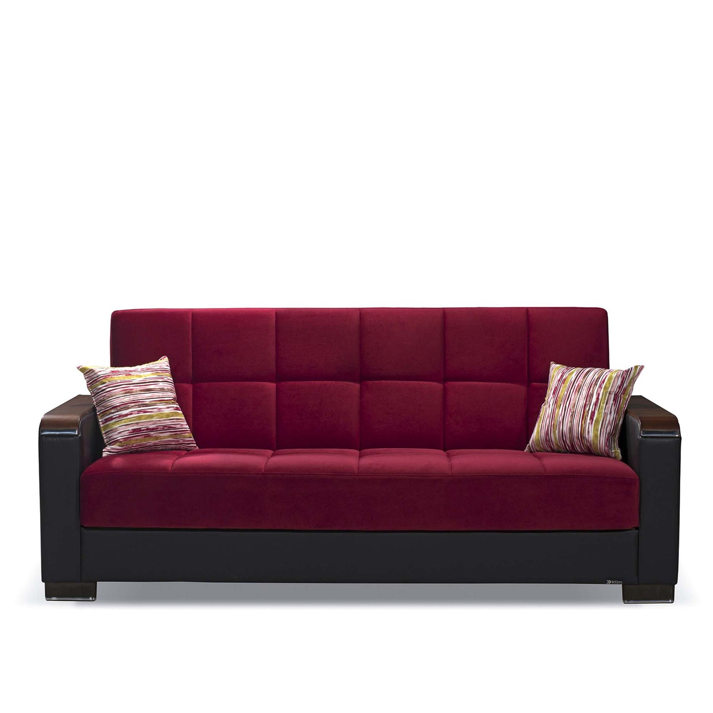87" Burgundy Microfiber And Faux Leather Convertible Futon Sleeper Sofa And Toss Pillows With Storage - Loft&Timber