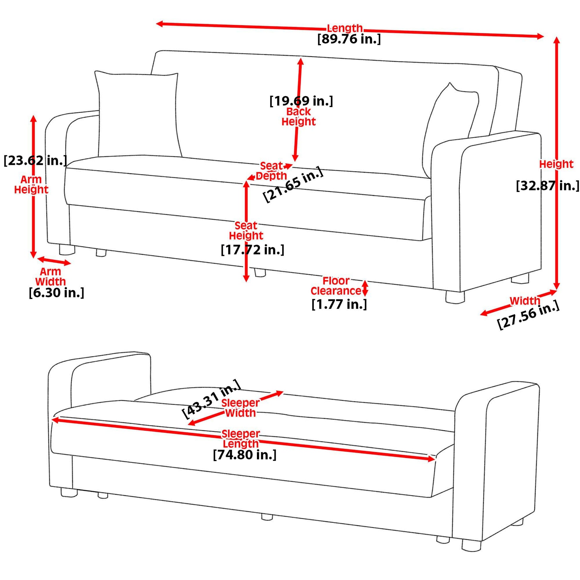 90" Brown Chenille And Faux Leather Convertible Futon Sleeper Sofa And Toss Pillows With Storage-8