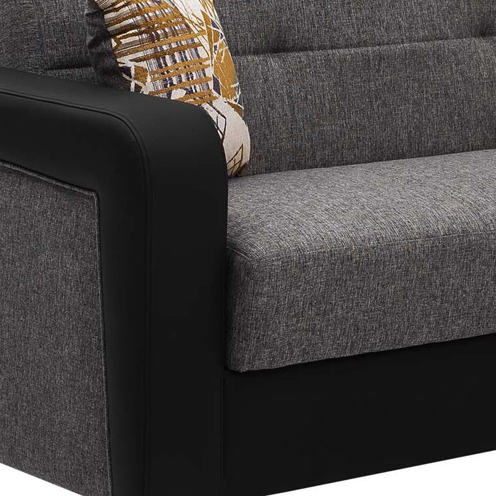 90" Gray Chenille And Faux Leather Convertible Futon Sleeper Sofa And Toss Pillows With Storage - Loft&Timber