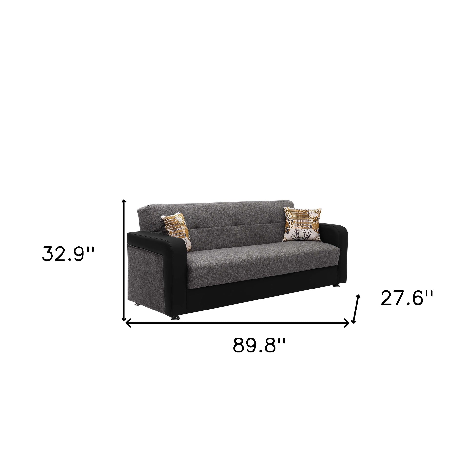 90" Gray Chenille And Faux Leather Convertible Futon Sleeper Sofa And Toss Pillows With Storage - Loft&Timber