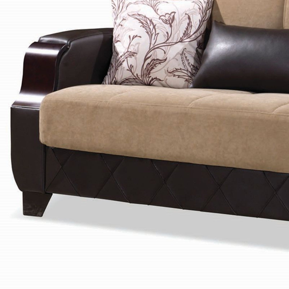 89" Brown Microfiber And Faux Leather Convertible Futon Sleeper Sofa And Toss Pillows With Storage - Loft&Timber