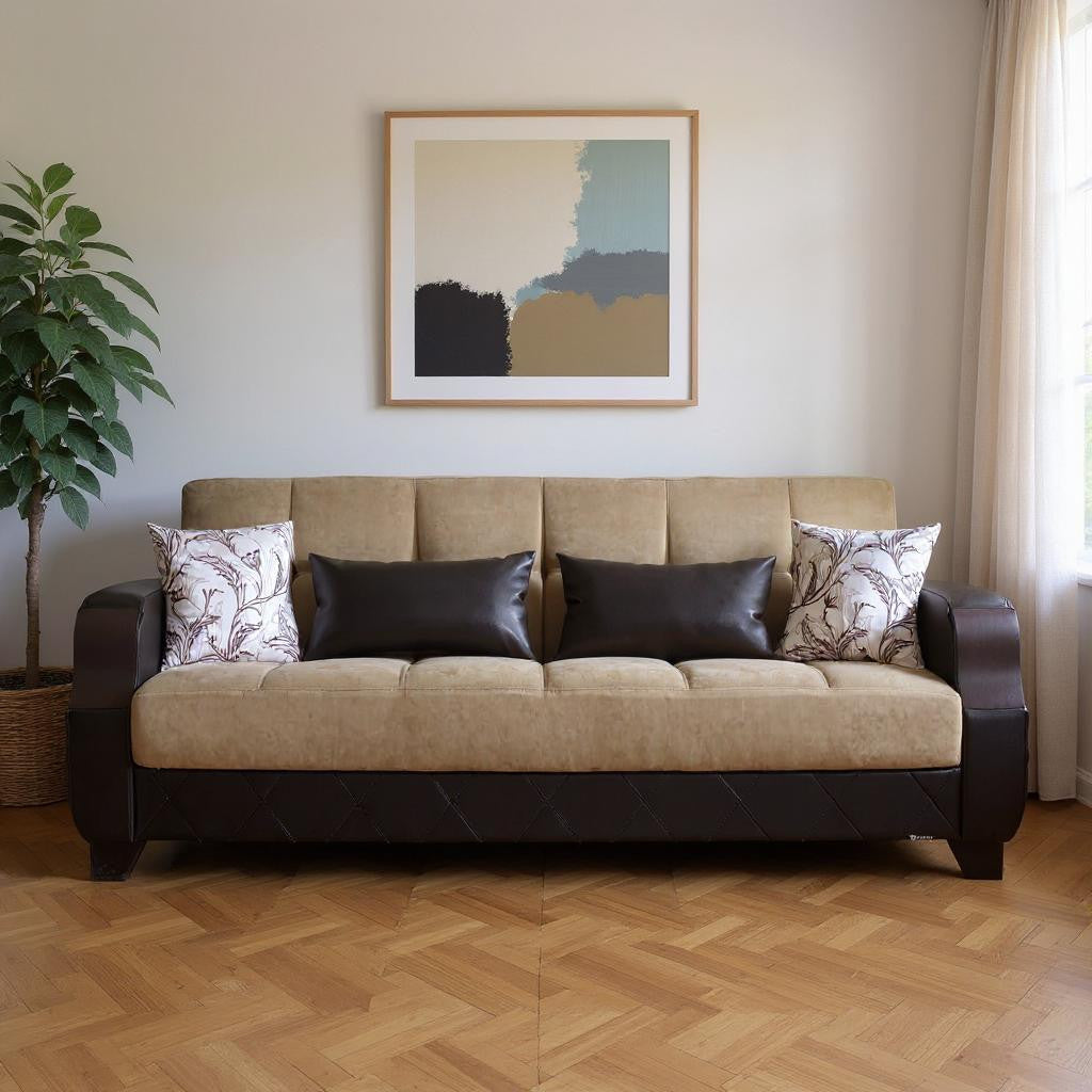 89" Brown Microfiber And Faux Leather Convertible Futon Sleeper Sofa And Toss Pillows With Storage - Loft&Timber