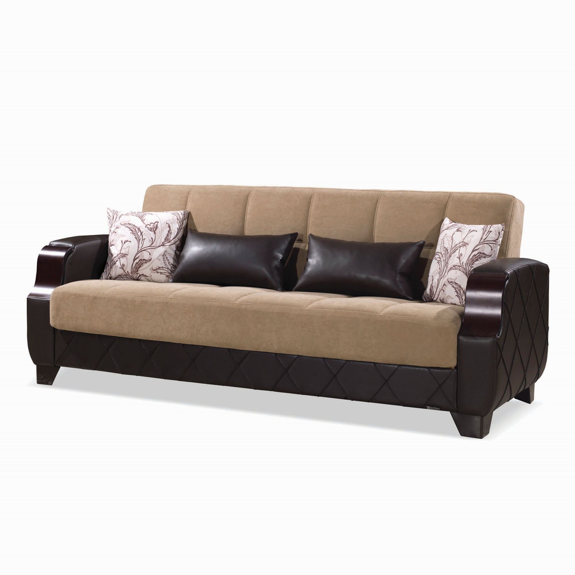 89" Brown Microfiber And Faux Leather Convertible Futon Sleeper Sofa And Toss Pillows With Storage - Loft&Timber