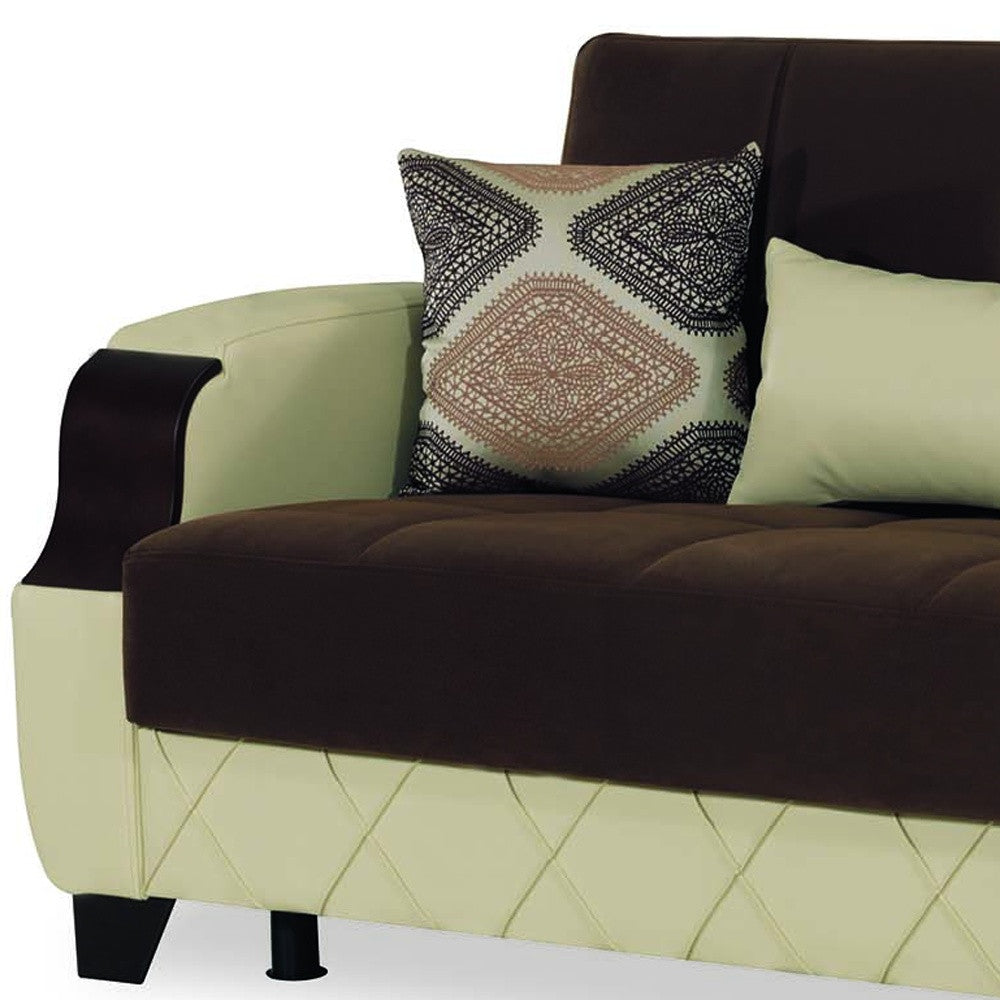 89" Brown And Cream Microsuede And Faux Leather Convertible Futon Sleeper Sofa And Toss Pillows With Storage - Loft&Timber