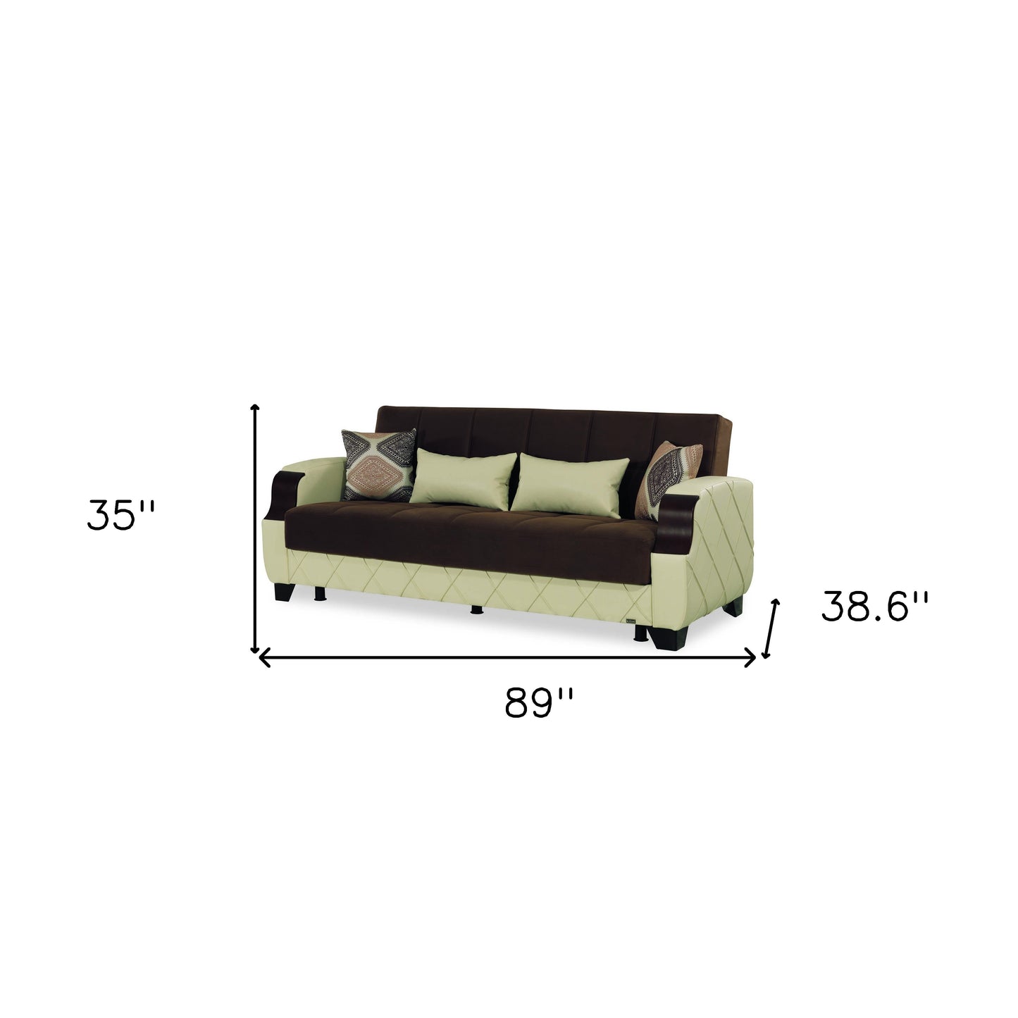 89" Brown And Cream Microsuede And Faux Leather Convertible Futon Sleeper Sofa And Toss Pillows With Storage - Loft&Timber