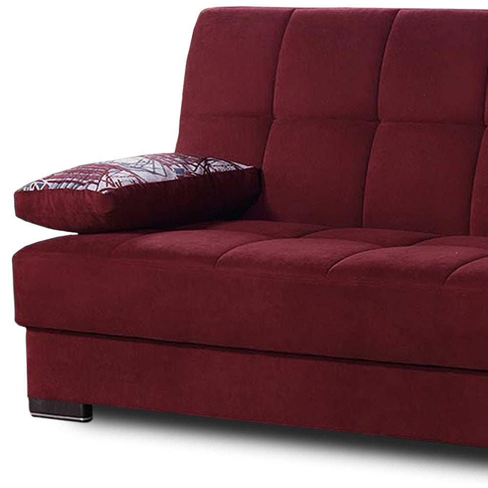 75" Burgundy Chenille Convertible Futon Sleeper Sofa And Toss Pillows With Storage - Loft&Timber