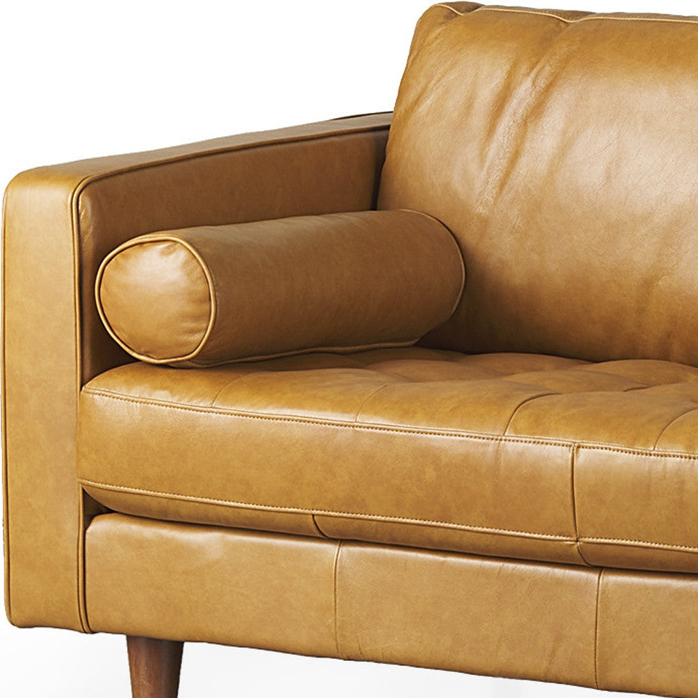 65" Tan Leather Sofa With Brown Legs-2