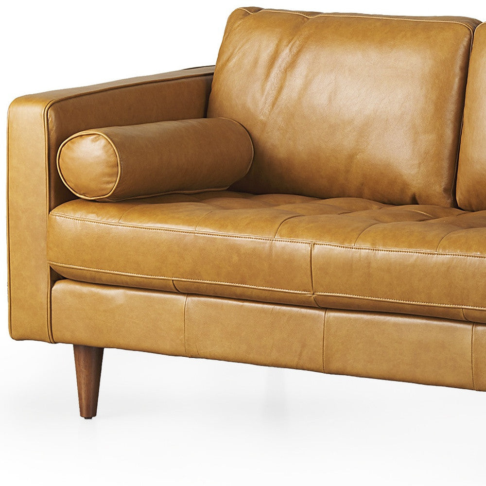 65" Tan Leather Sofa With Brown Legs-3