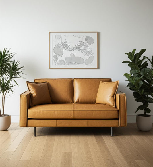 65" Tan Leather Sofa With Brown Legs-1