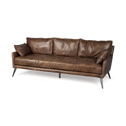 82" Dark Brown Rustic Leather Sofa With Toss Pillows-1