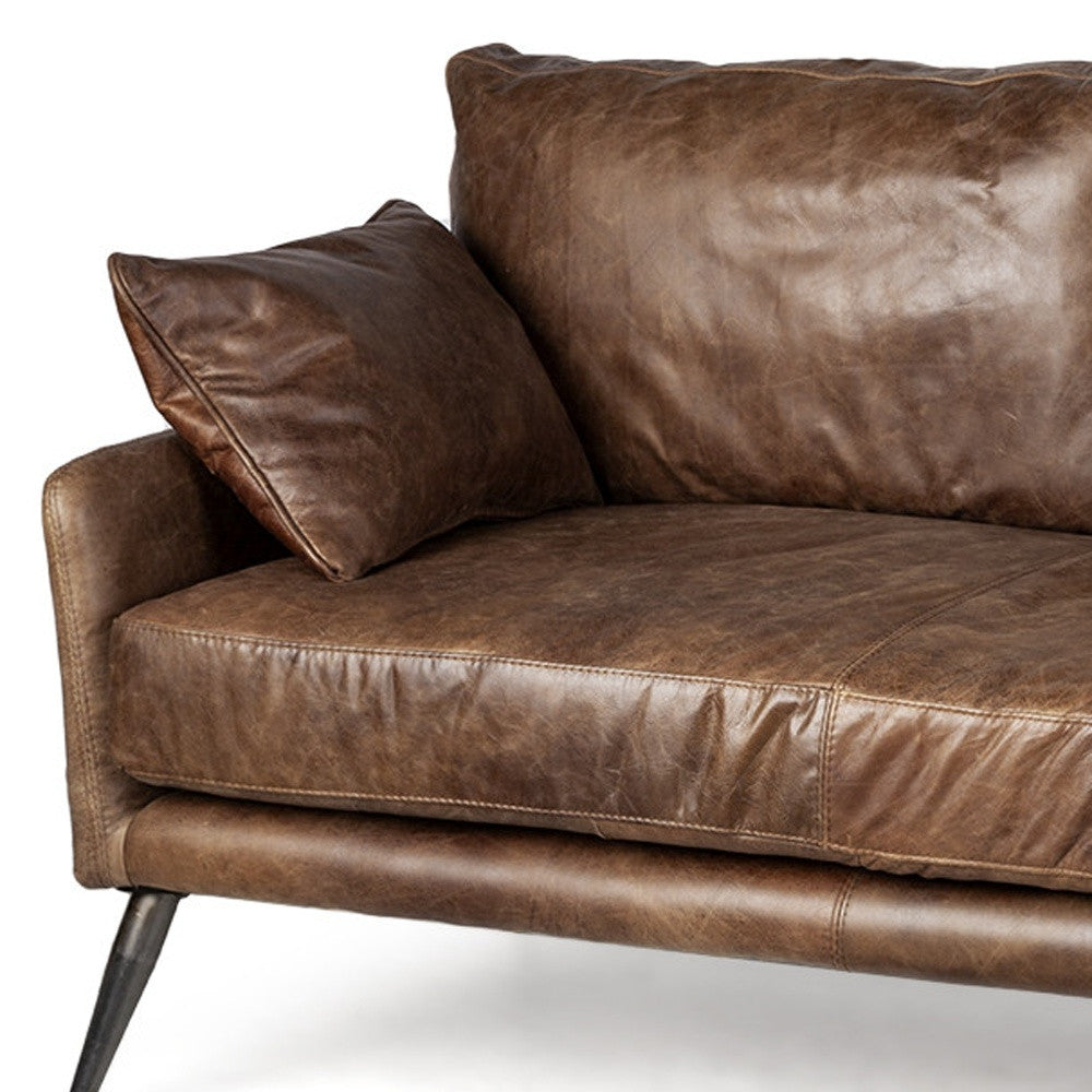 82" Dark Brown Rustic Leather Sofa With Toss Pillows-2