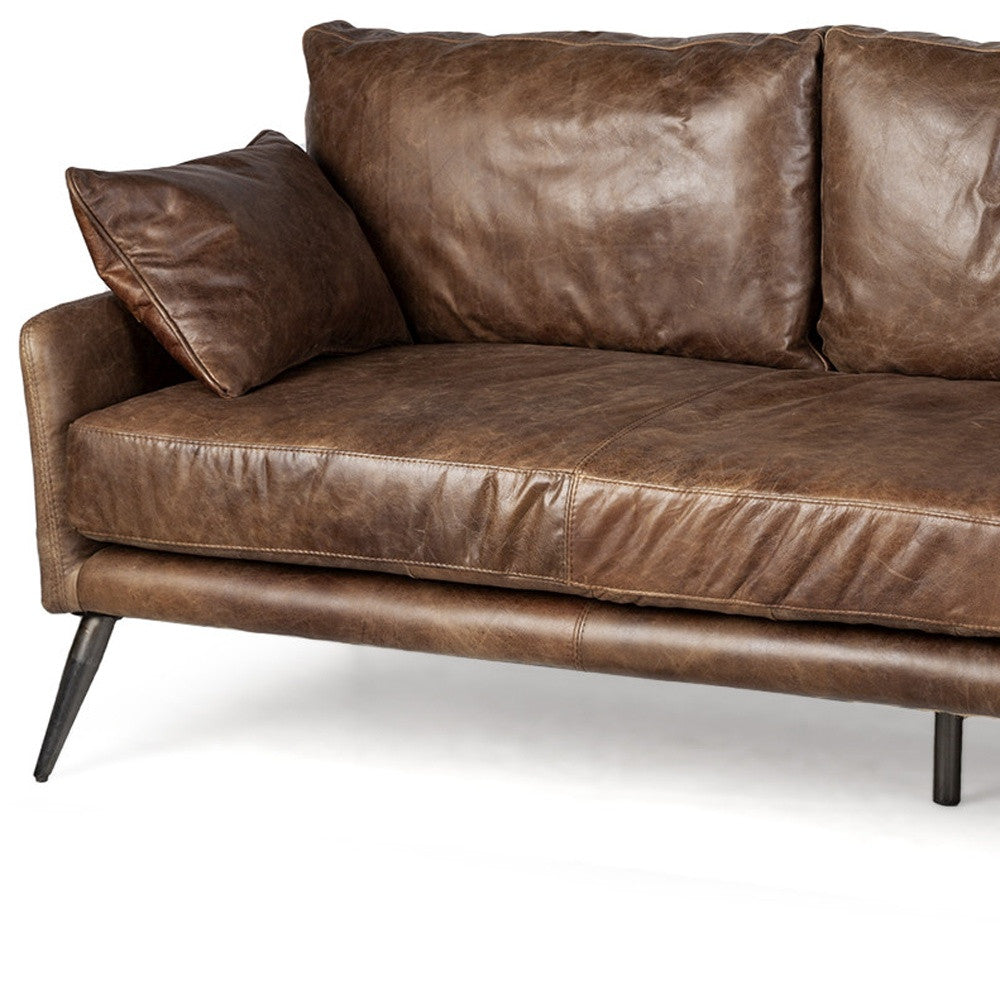 82" Dark Brown Rustic Leather Sofa With Toss Pillows-3