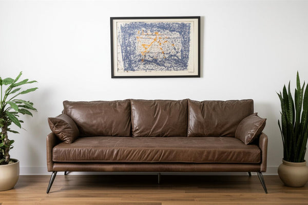 82" Dark Brown Rustic Leather Sofa With Toss Pillows-0