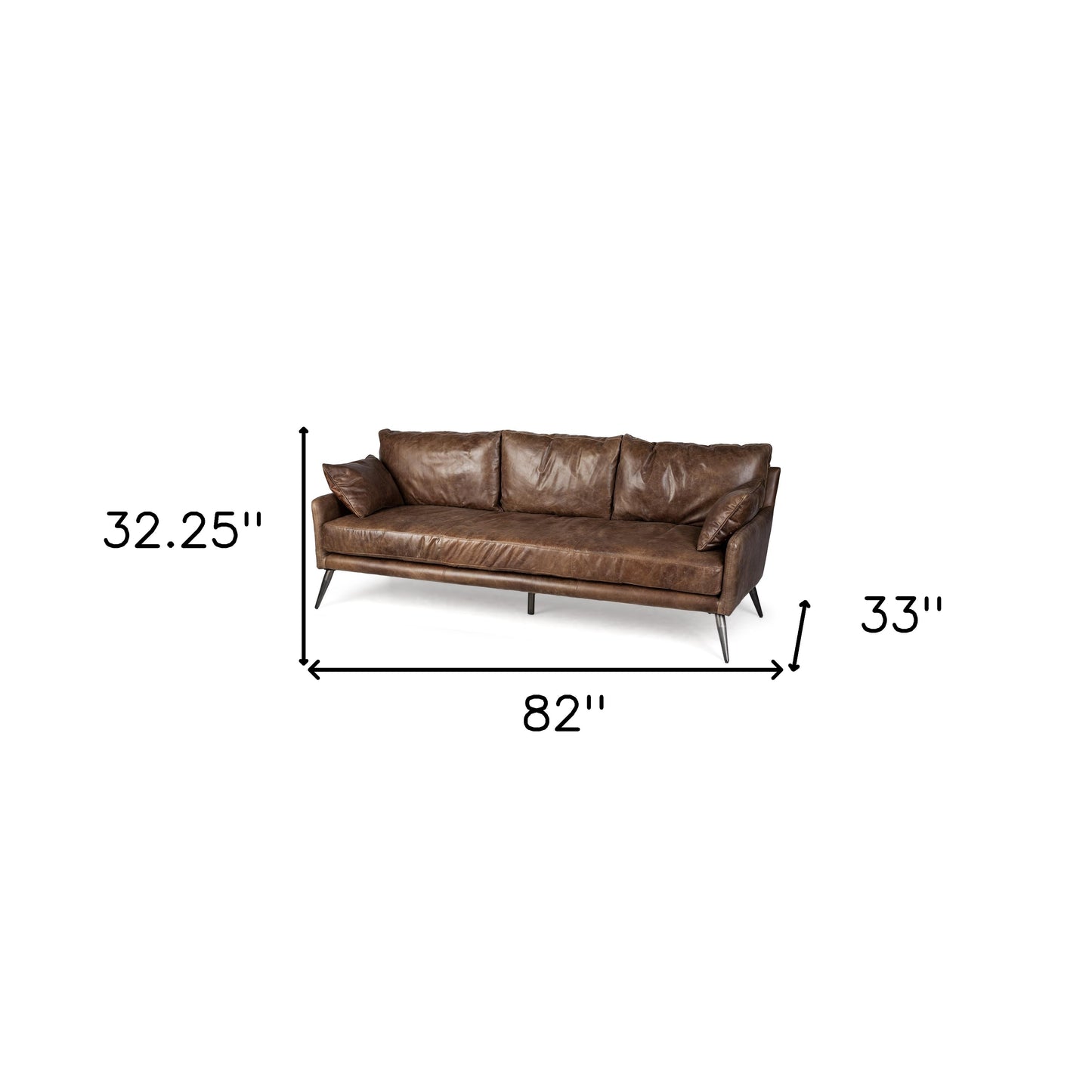 82" Dark Brown Rustic Leather Sofa With Toss Pillows-4