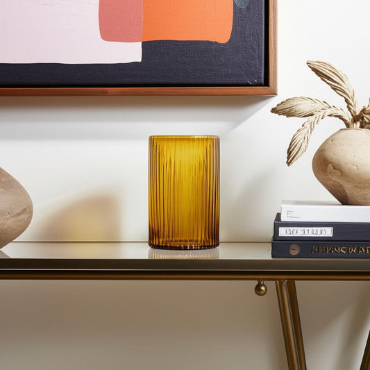 8" Amber Cylinder Ribbed Glass Table Vase - Loft&Timber